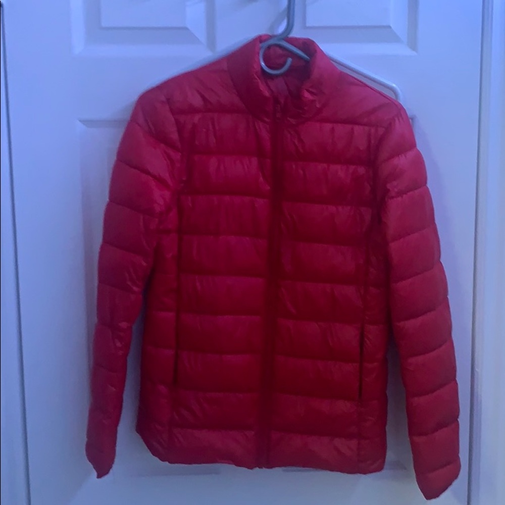 Red puffer jacket
